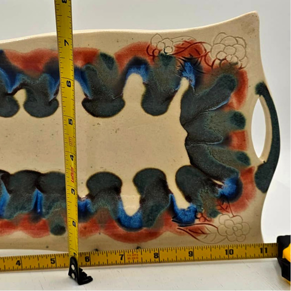 Studio Pottery Drip Glazed Trinket Dish Serving Tray with Handles 11.75x6.75 - Picture 5 of 6